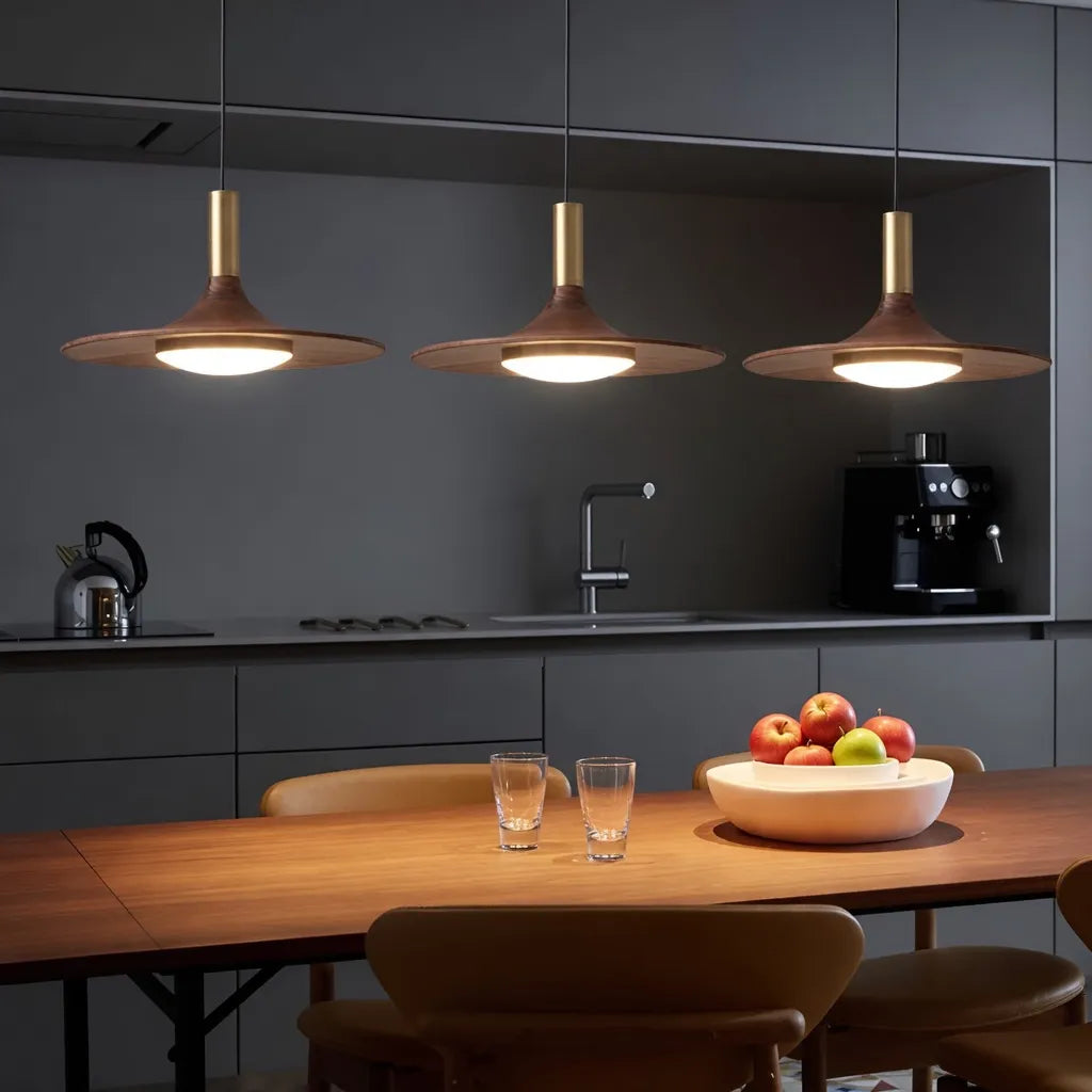 LED Pendant Light with Walnut-Finish Iron Shade and Adjustable Suspension for Kitchen Dining