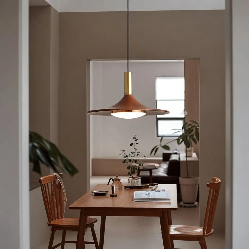 Lámpara colgante LED con pantalla de hierro con acabado de nogal y suspensión ajustable para cocina y comedor
