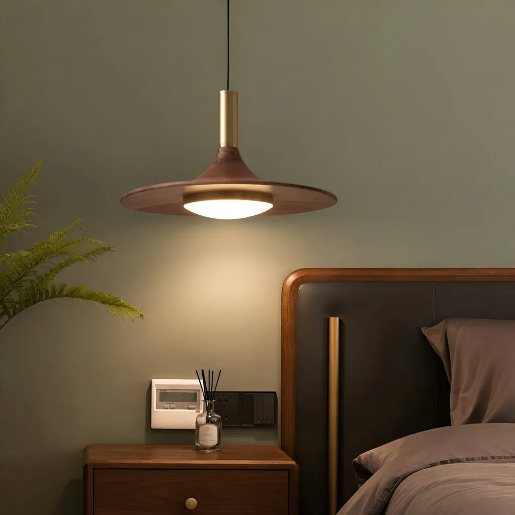 Lámpara colgante LED con pantalla de hierro con acabado de nogal y suspensión ajustable para cocina y comedor