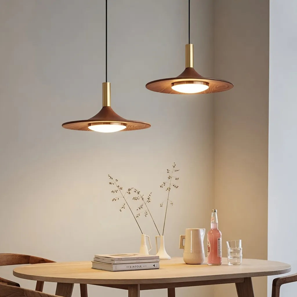 LED Pendant Light with Walnut-Finish Iron Shade and Adjustable Suspension for Kitchen Dining
