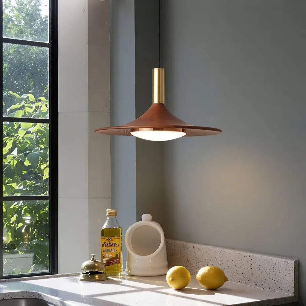 Lámpara colgante LED con pantalla de hierro con acabado de nogal y suspensión ajustable para cocina y comedor