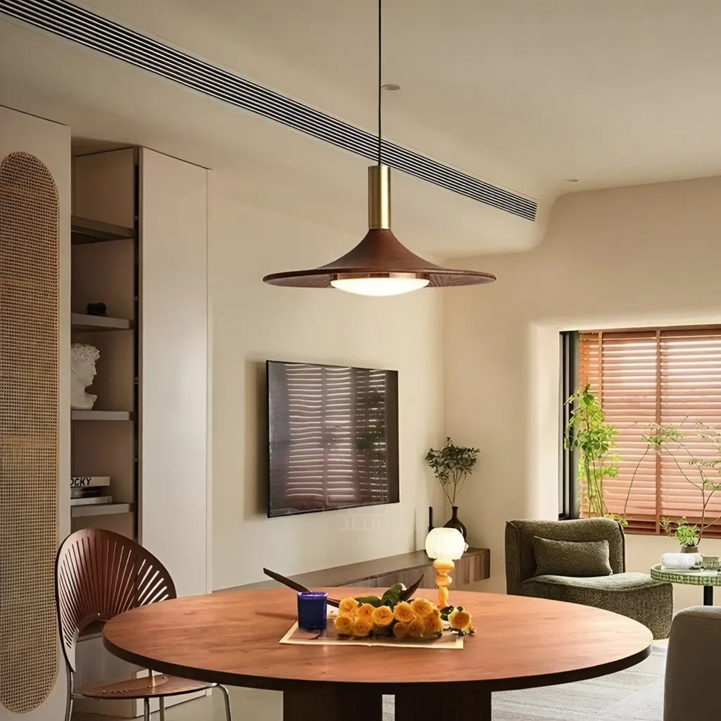 Lámpara colgante LED con pantalla de hierro con acabado de nogal y suspensión ajustable para cocina y comedor