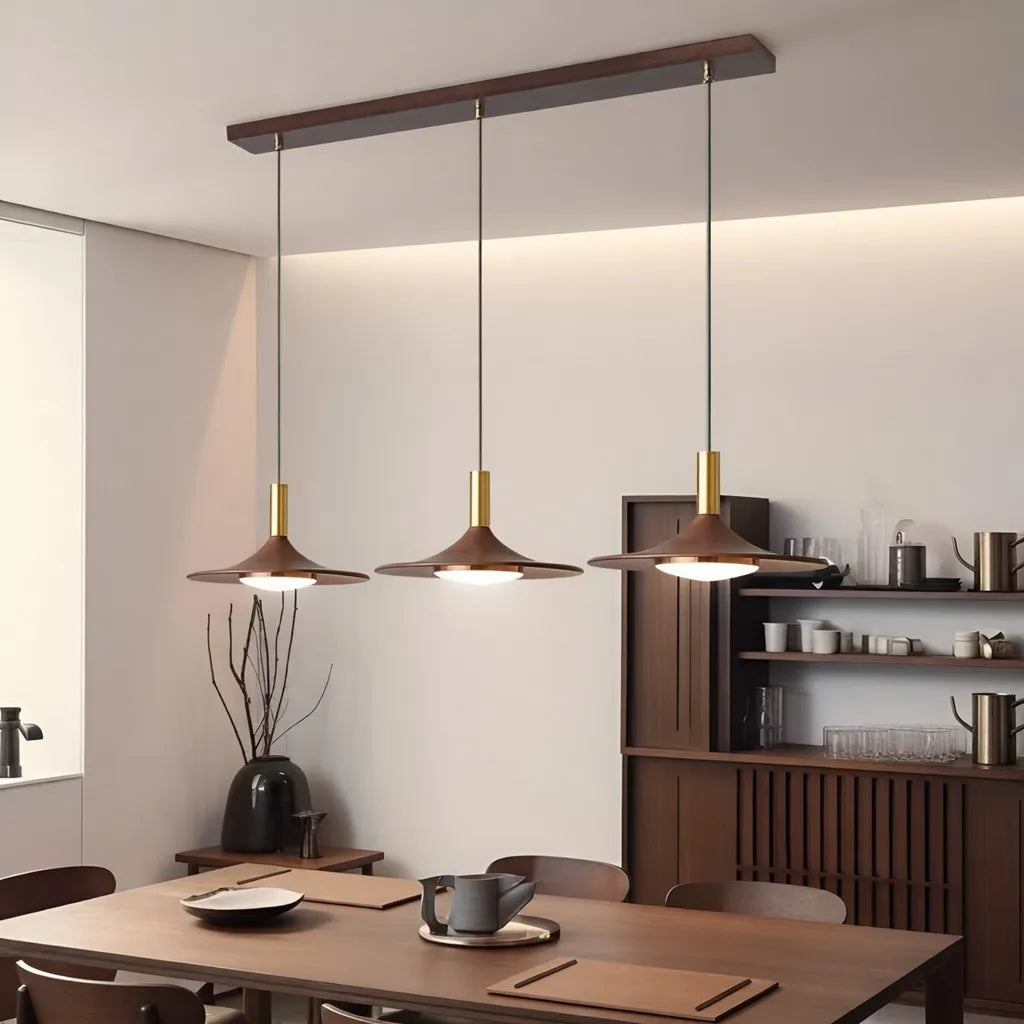 Lámpara colgante LED con pantalla de hierro con acabado de nogal y suspensión ajustable para cocina y comedor
