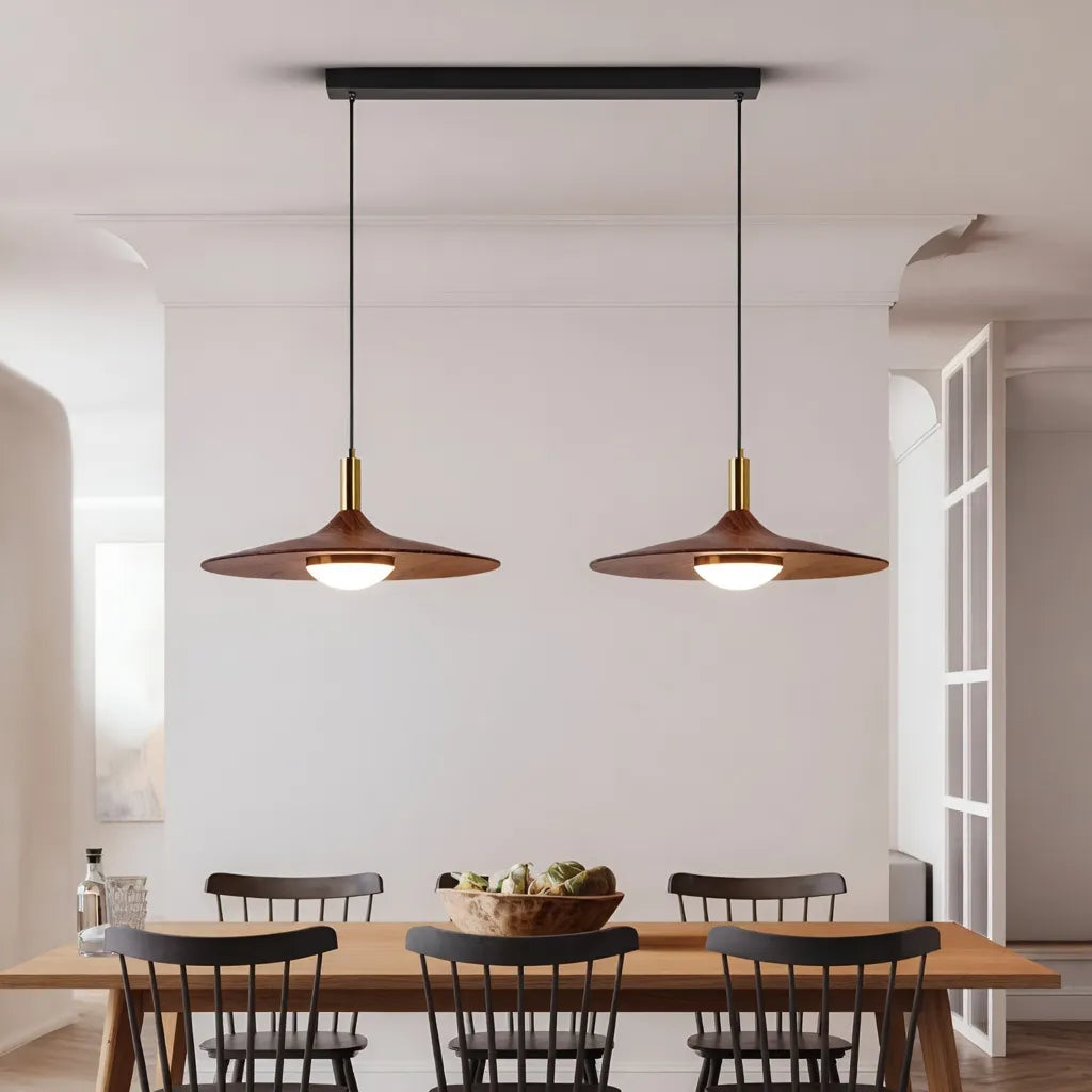 Lámpara colgante LED con pantalla de hierro con acabado de nogal y suspensión ajustable para cocina y comedor