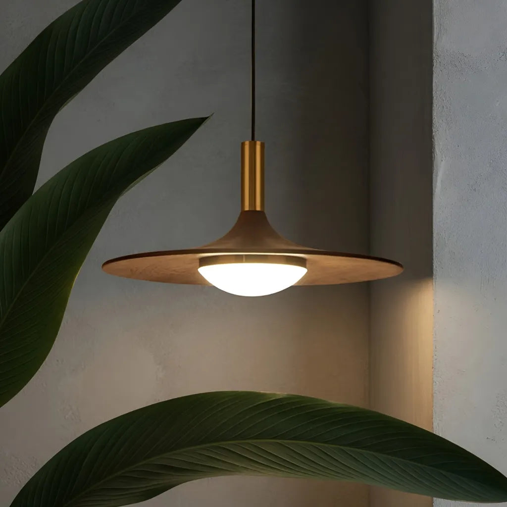 Lámpara colgante LED con pantalla de hierro con acabado de nogal y suspensión ajustable para cocina y comedor