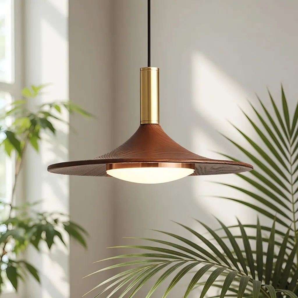 Lámpara colgante LED con pantalla de hierro con acabado de nogal y suspensión ajustable para cocina y comedor