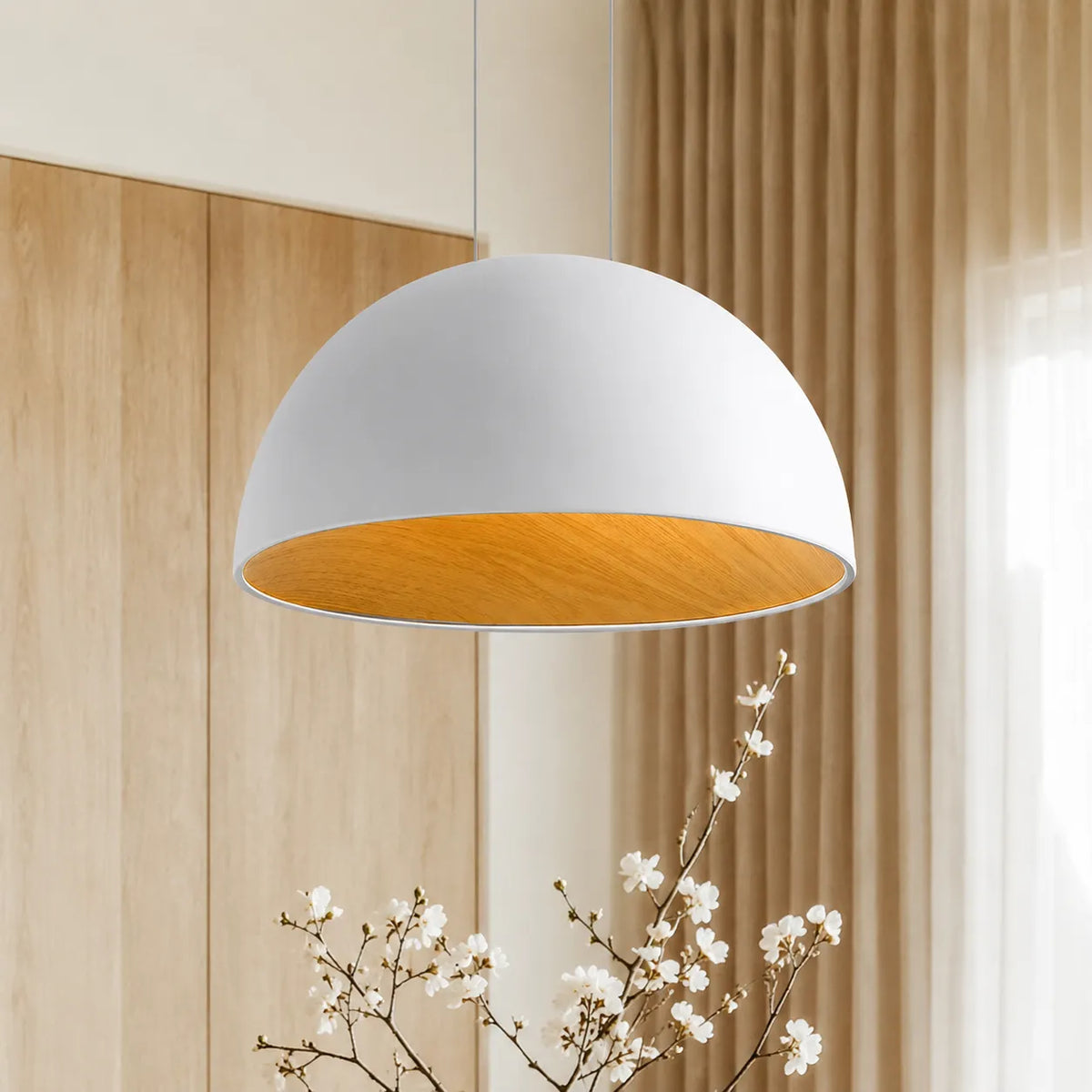 LED Pendant Lights with Wood-Lined Dome and Adjustable Color Temperature for Dining Kitchen Island