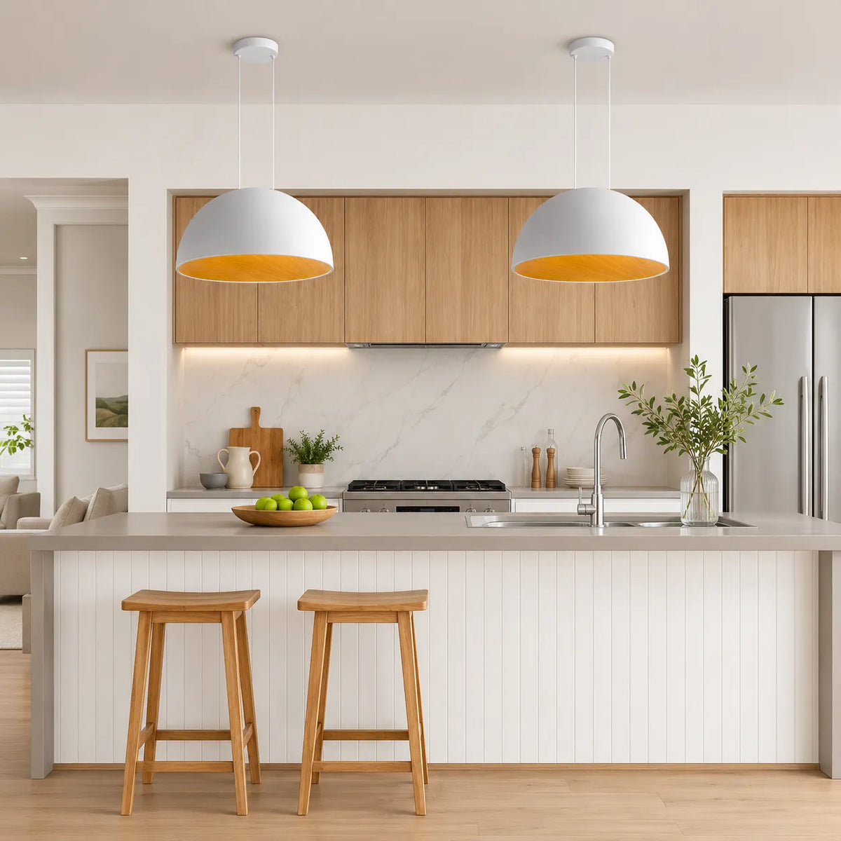 LED Pendant Lights with Wood-Lined Dome and Adjustable Color Temperature for Dining Kitchen Island