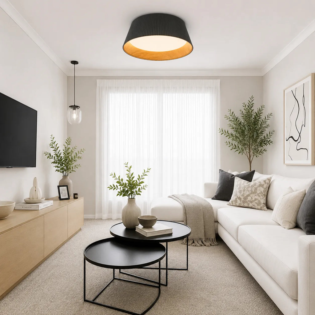 Plafonnier LED extra-plat avec détail en bois pour chambre et salon