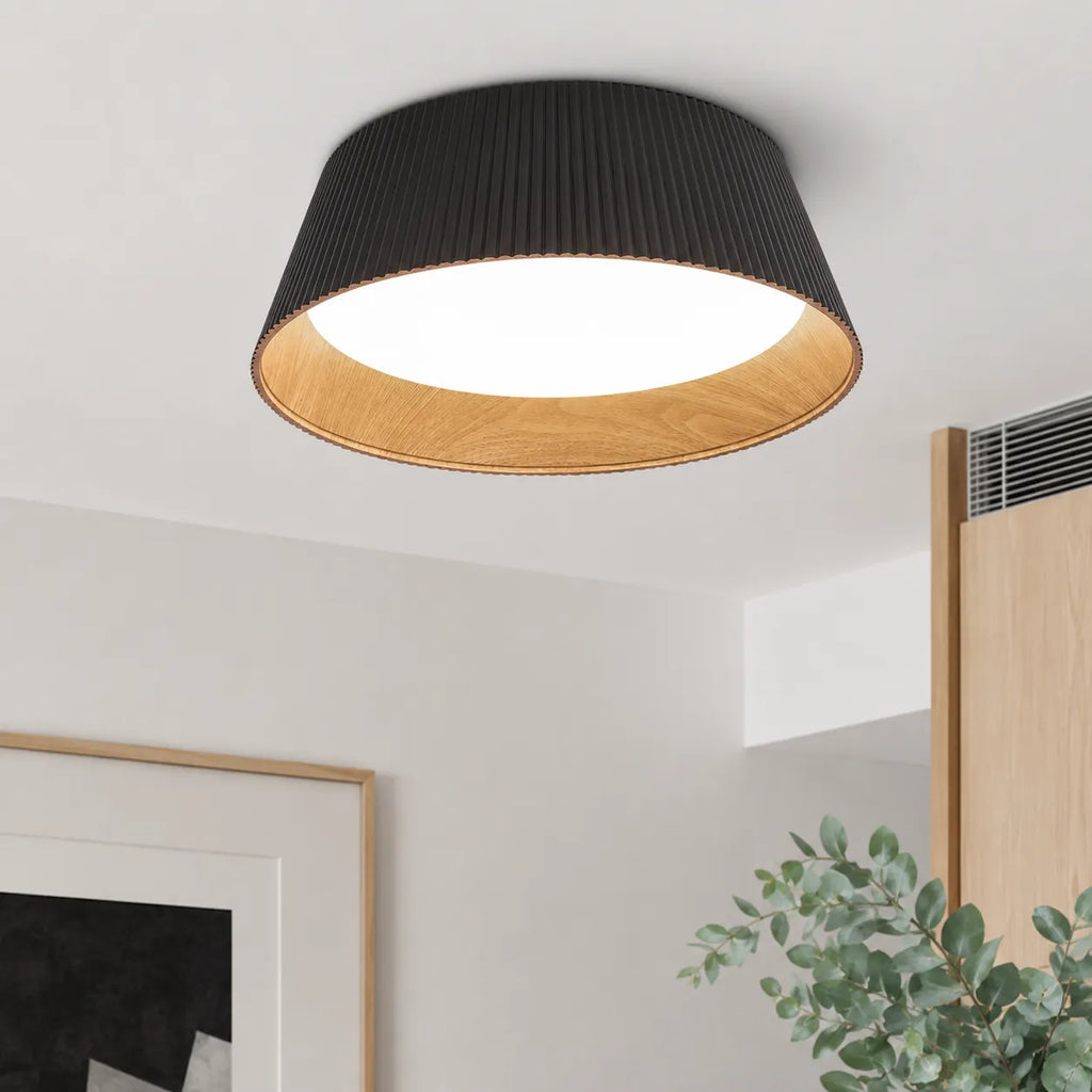 Plafonnier LED extra-plat avec détail en bois pour chambre et salon