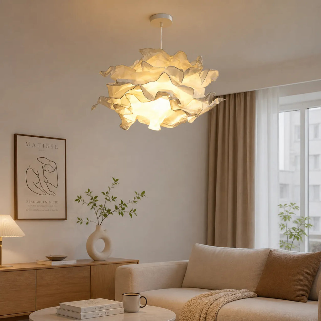 Suspension avec abat-jour en papier inspiré des nuages et lumière d’ambiance LED chaleureuse