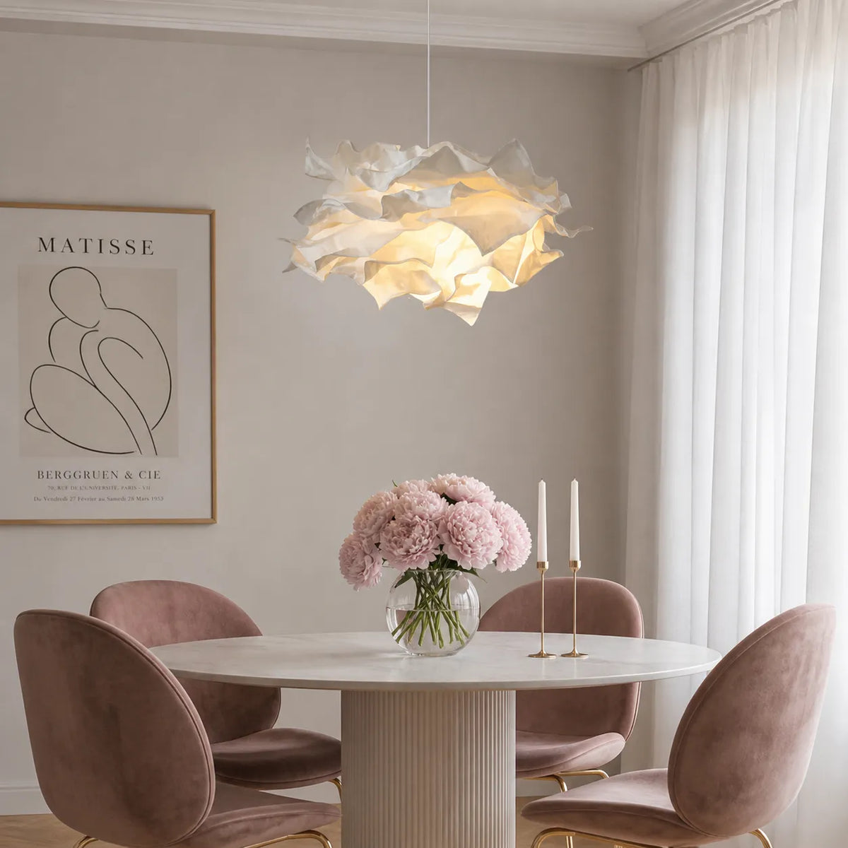 Suspension avec abat-jour en papier inspiré des nuages et lumière d’ambiance LED chaleureuse