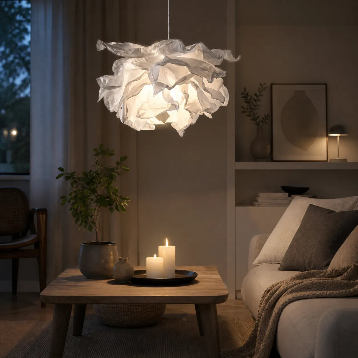 Suspension avec abat-jour en papier inspiré des nuages et lumière d’ambiance LED chaleureuse
