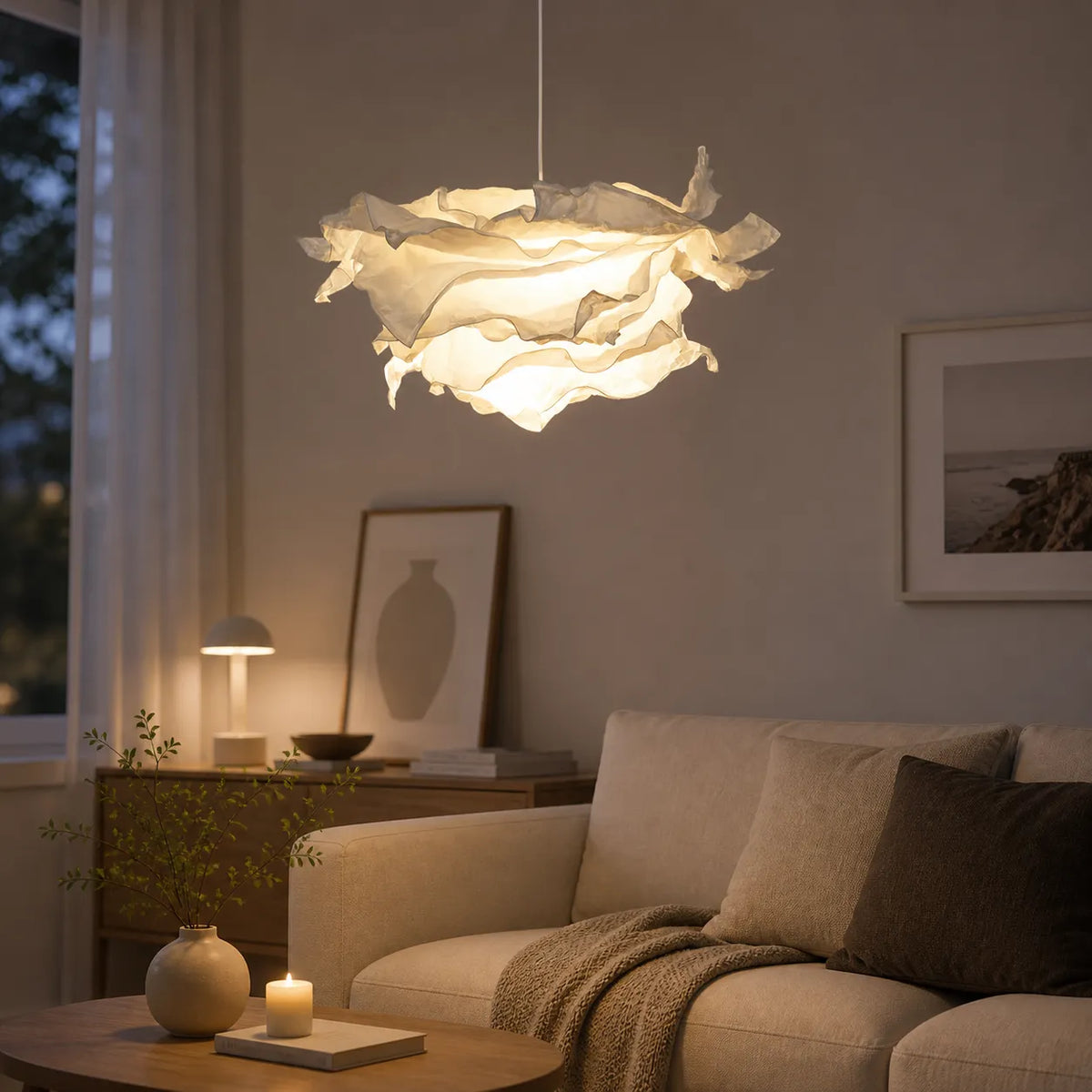 Suspension avec abat-jour en papier inspiré des nuages et lumière d’ambiance LED chaleureuse