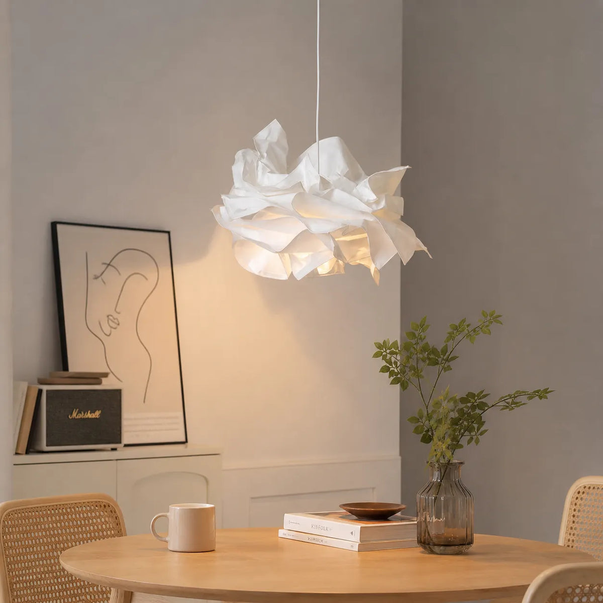 Pendant Light with Cloud-Inspired Paper Shade and Warm LED Ambient Glow