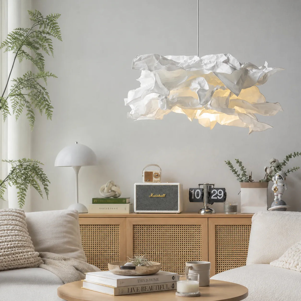 Pendant Light with Cloud-Inspired Paper Shade and Warm LED Ambient Glow