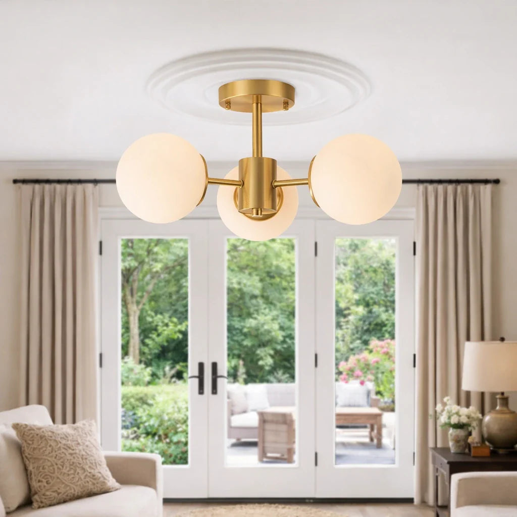Kitchen Ceiling Lights Semi Flush Mount 3-Light Brass Glass Globe Mid-Century