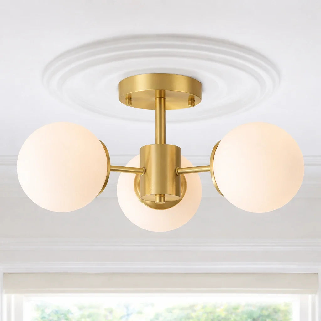 Kitchen Ceiling Lights Semi Flush Mount 3-Light Brass Glass Globe Mid-Century
