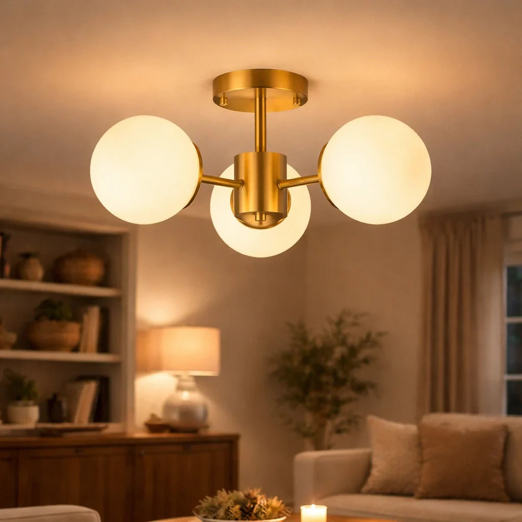 Kitchen Ceiling Lights Semi Flush Mount 3-Light Brass Glass Globe Mid-Century