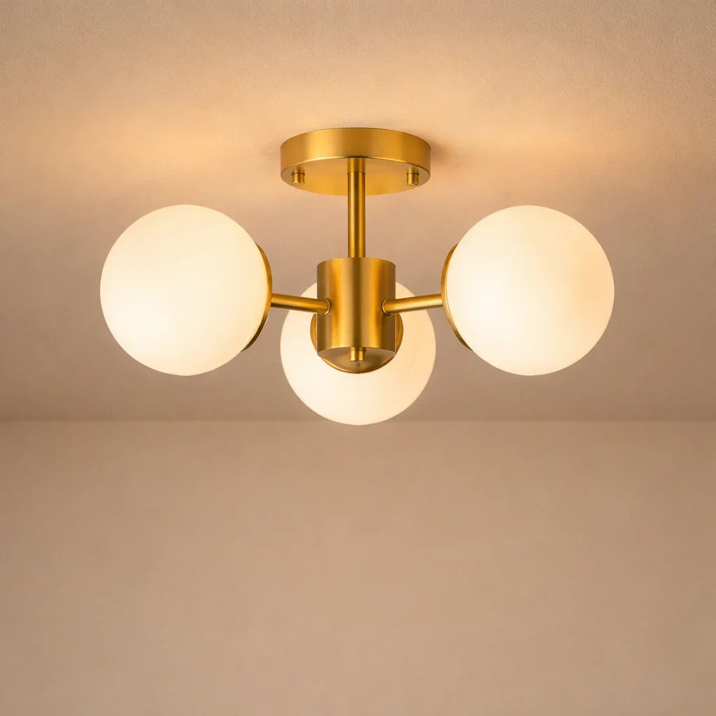 Kitchen Ceiling Lights Semi Flush Mount 3-Light Brass Glass Globe Mid-Century