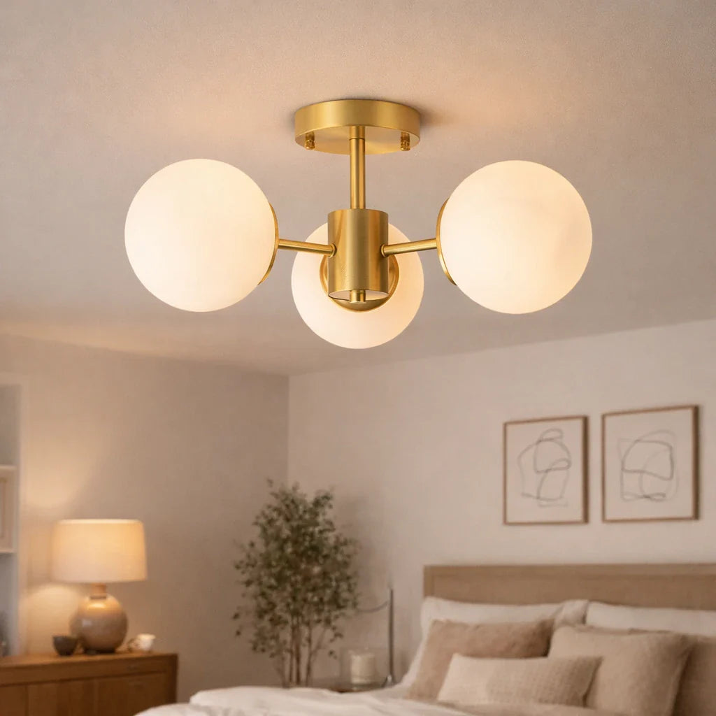 Kitchen Ceiling Lights Semi Flush Mount 3-Light Brass Glass Globe Mid-Century