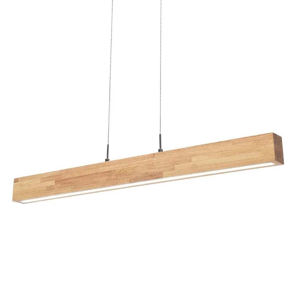 Lampada a sospensione lineare con LED dimmerabile e dettaglio in legno naturale, per una sala da pranzo moderna