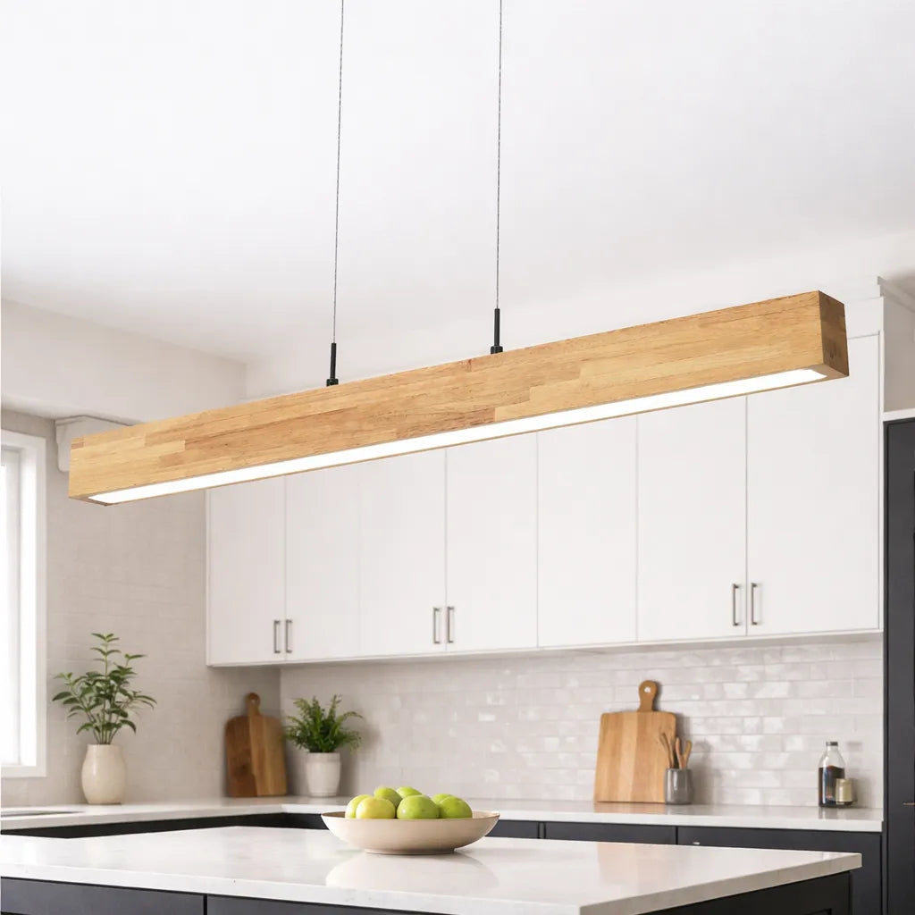 Linear Pendant Light with Dimmable LED and Natural Wood Accent for Modern Dining Room