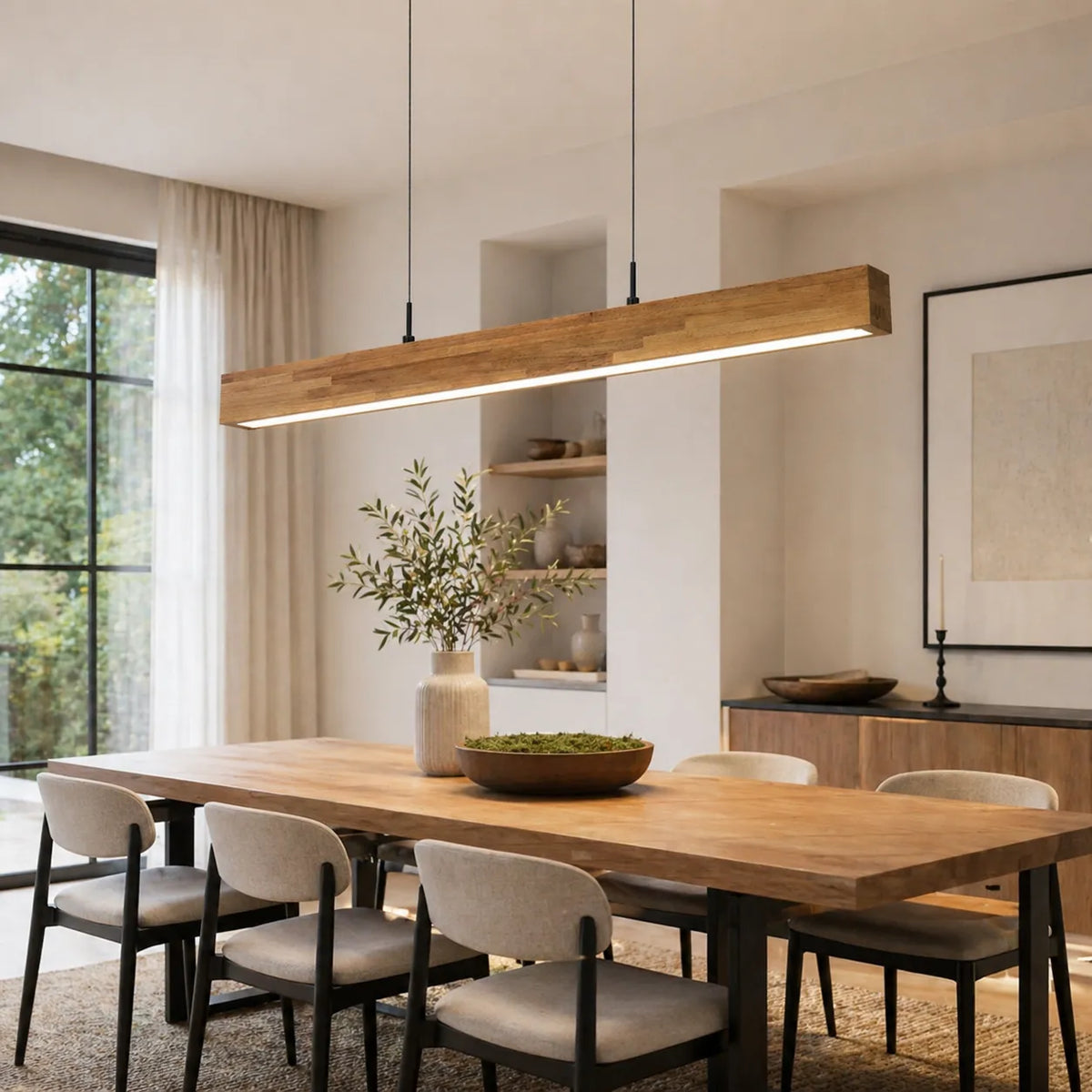 Linear Pendant Light with Dimmable LED and Natural Wood Accent for Modern Dining Room