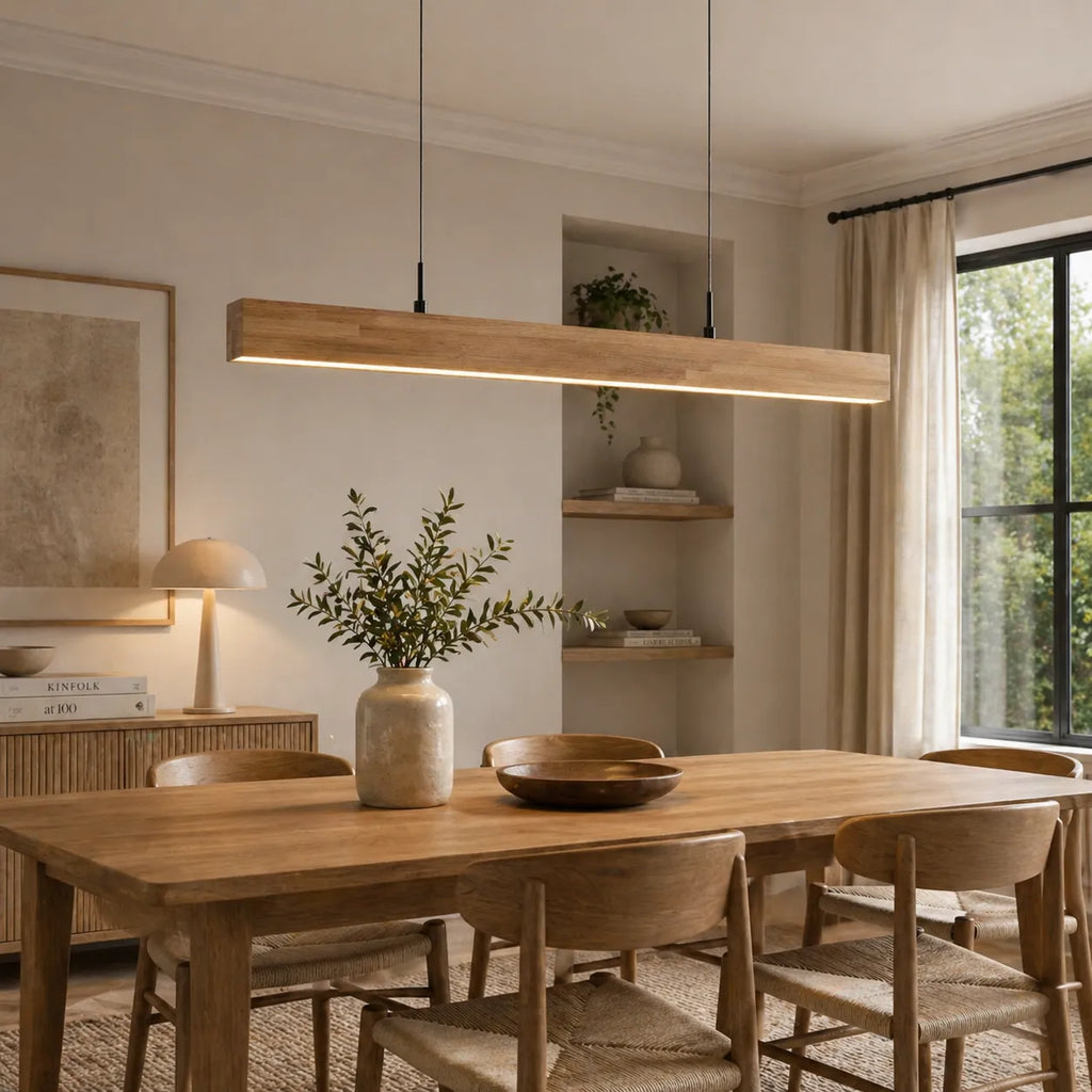 Lampada a sospensione lineare con LED dimmerabile e dettaglio in legno naturale, per una sala da pranzo moderna