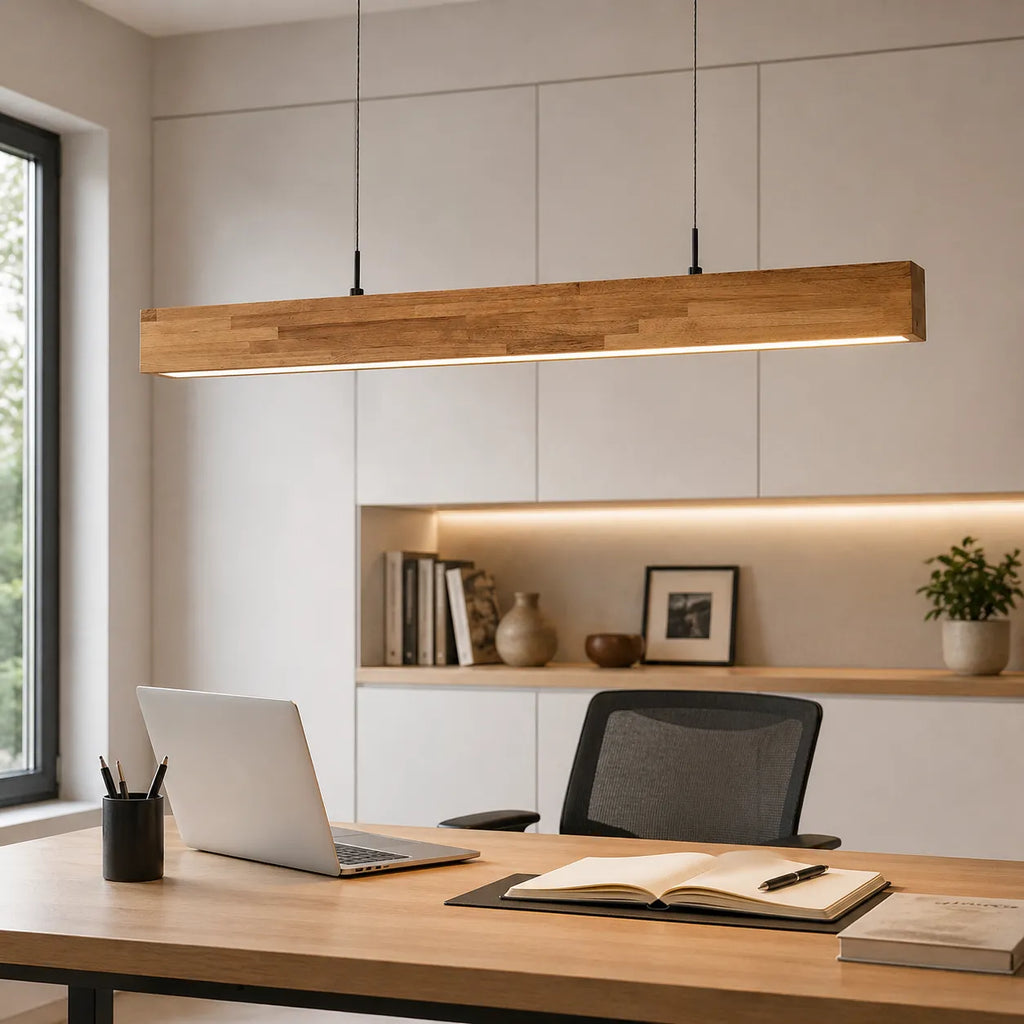 Lampada a sospensione lineare con LED dimmerabile e dettaglio in legno naturale, per una sala da pranzo moderna