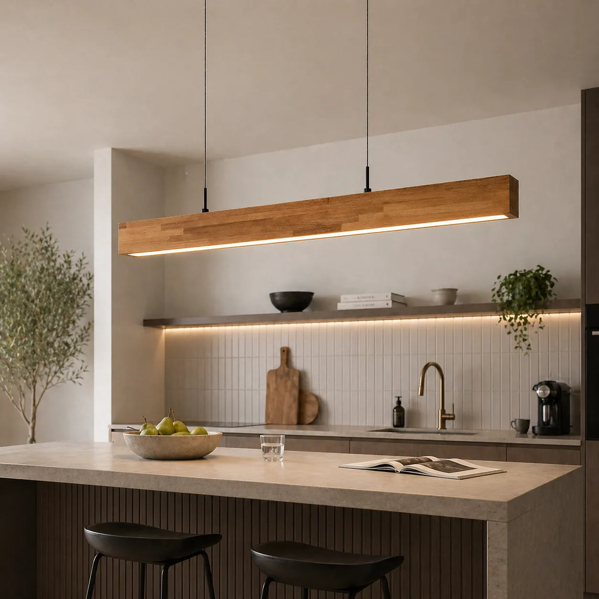 Lampada a sospensione lineare con LED dimmerabile e dettaglio in legno naturale, per una sala da pranzo moderna