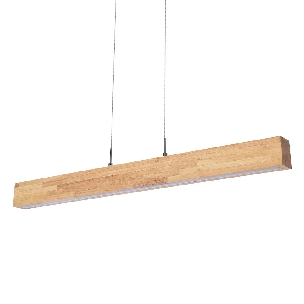 Lampada a sospensione lineare con LED dimmerabile e dettaglio in legno naturale, per una sala da pranzo moderna