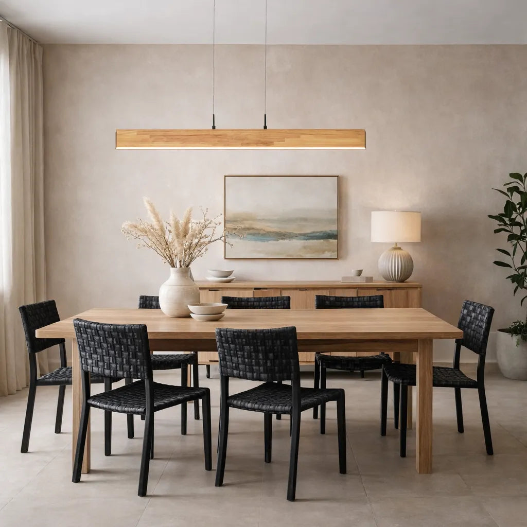 Lampada a sospensione lineare con LED dimmerabile e dettaglio in legno naturale, per una sala da pranzo moderna