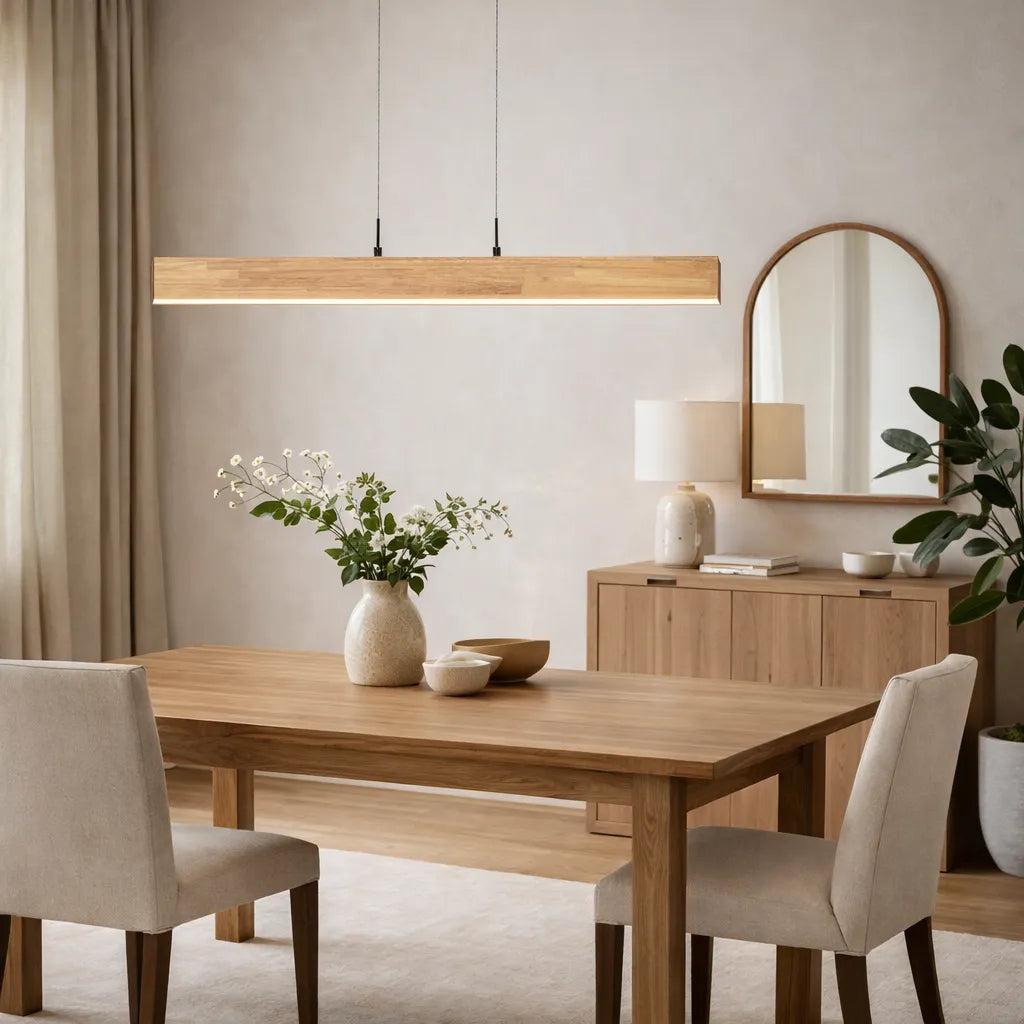Lampada a sospensione lineare con LED dimmerabile e dettaglio in legno naturale, per una sala da pranzo moderna