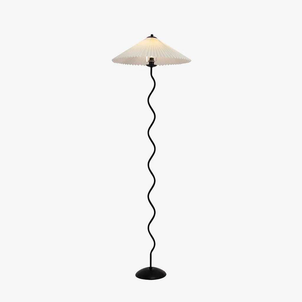 Stehlampe mit modernem, skulpturalem Metallsockel und Stoffschirm, 150 cm hohe Standleuchte
