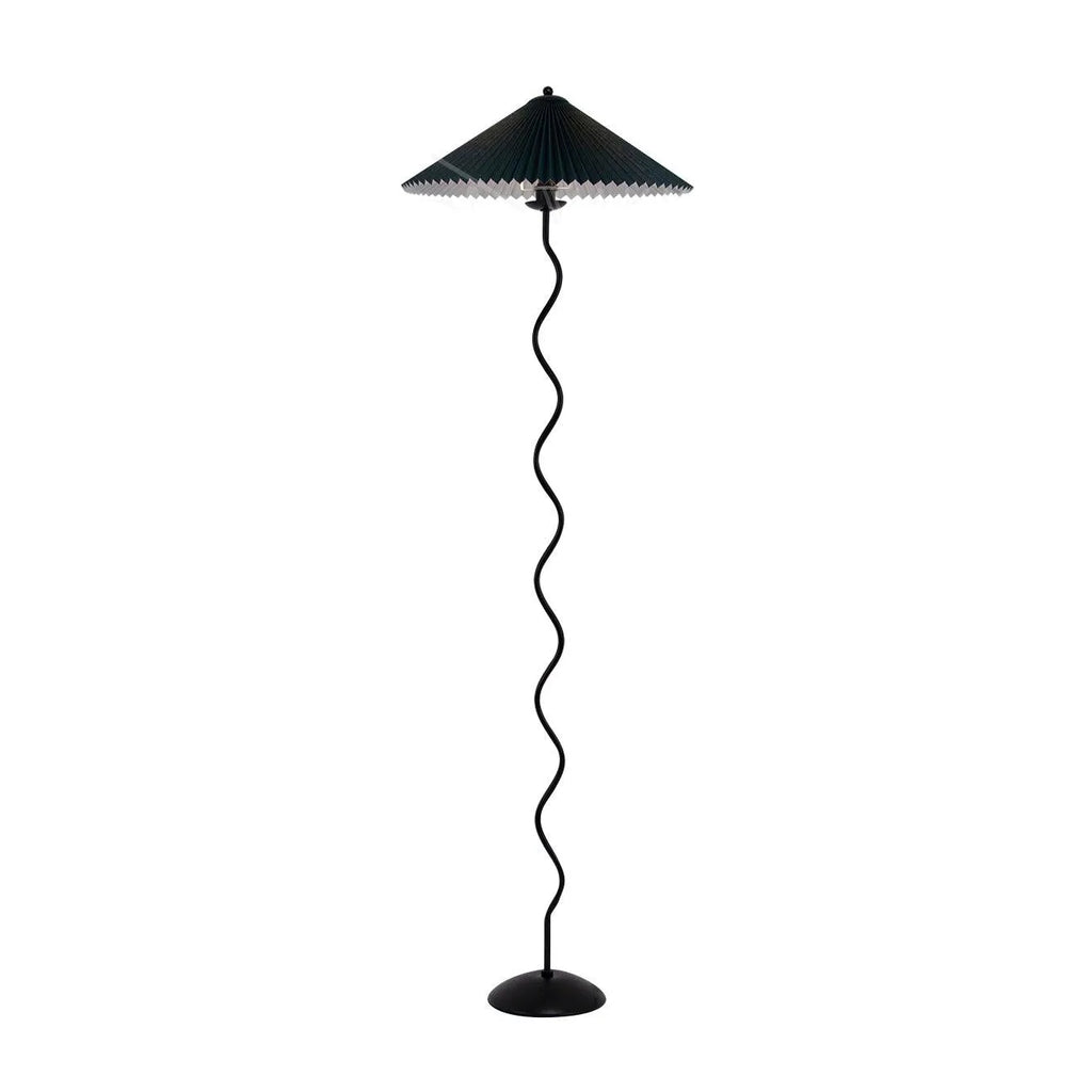 Stehlampe mit modernem, skulpturalem Metallsockel und Stoffschirm, 150 cm hohe Standleuchte