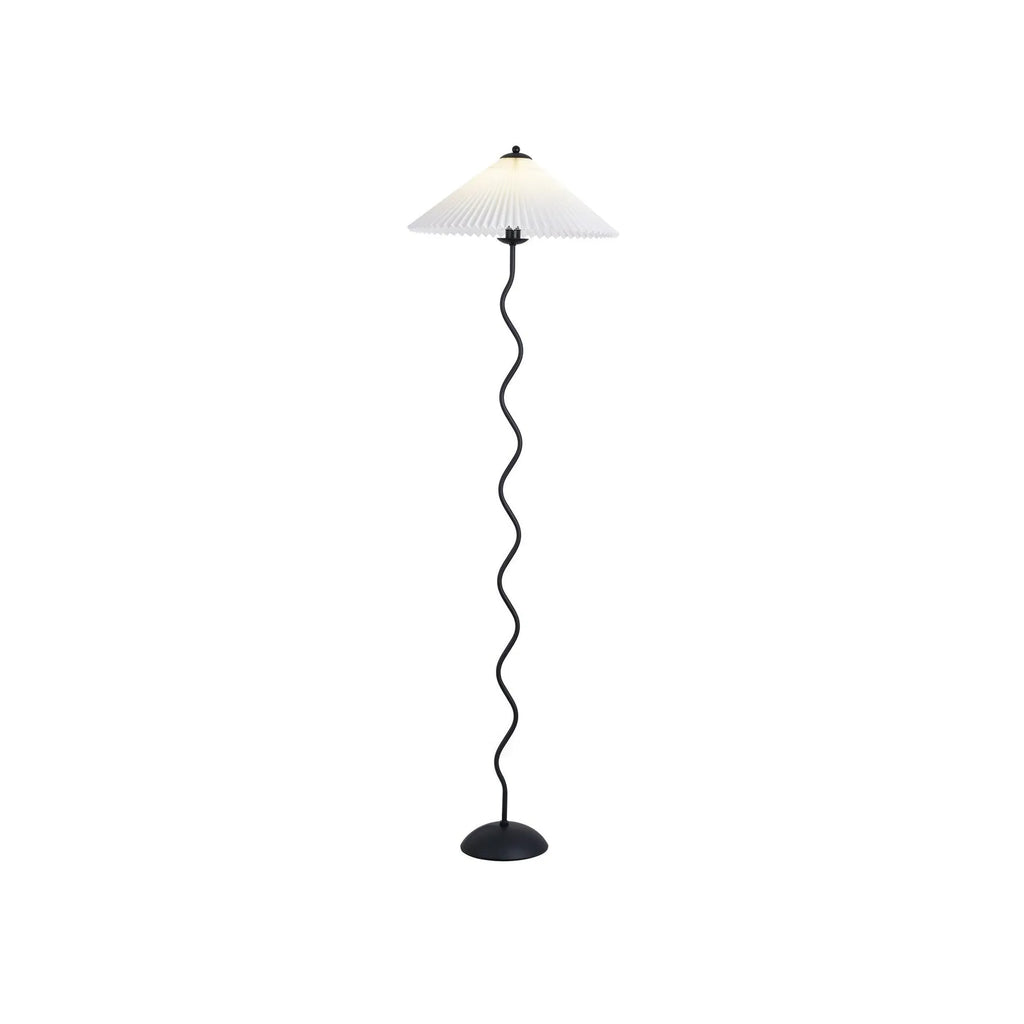 Stehlampe mit modernem, skulpturalem Metallsockel und Stoffschirm, 150 cm hohe Standleuchte