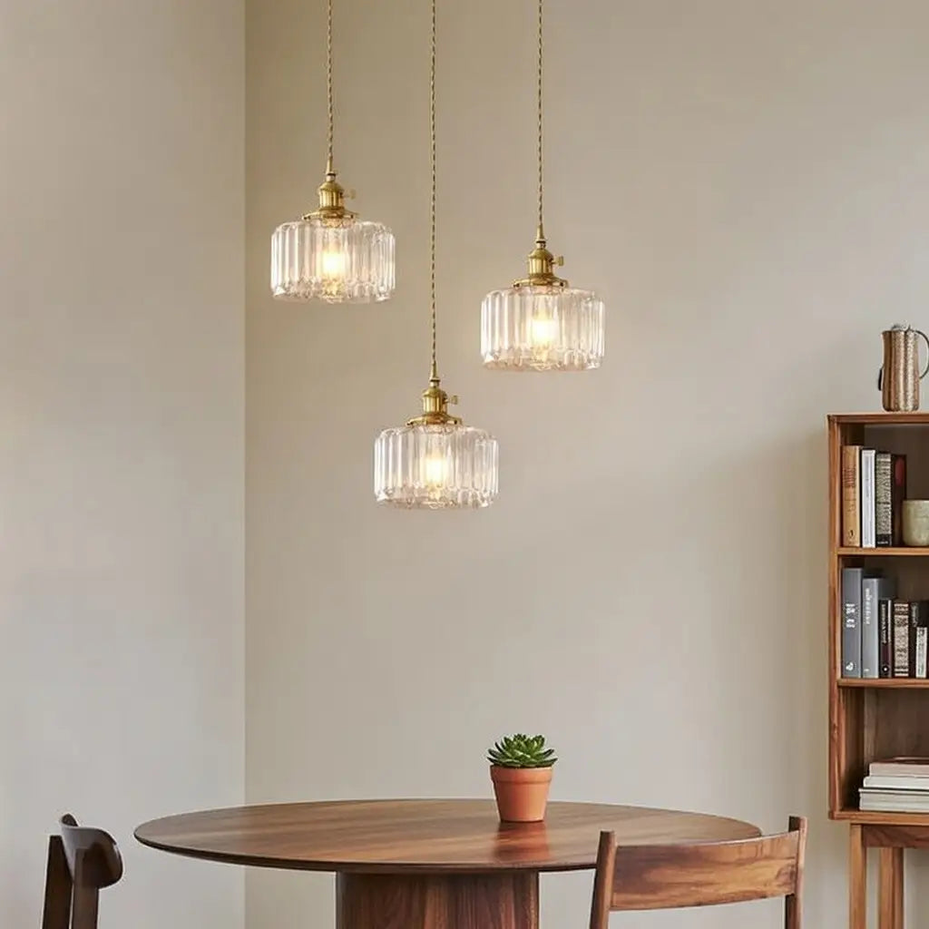 Pendant Light with Ribbed Pressed Glass and Brass Hardware