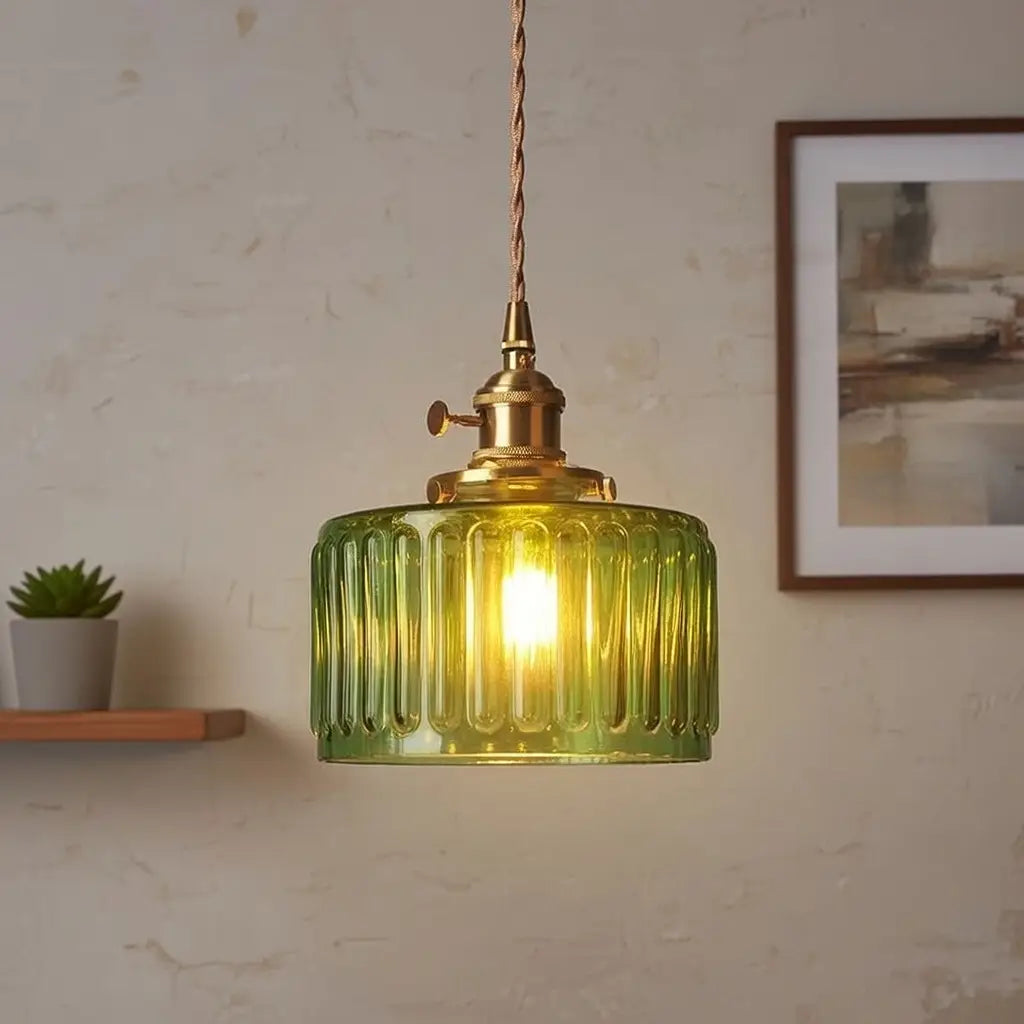 Pendant Light with Ribbed Pressed Glass and Brass Hardware