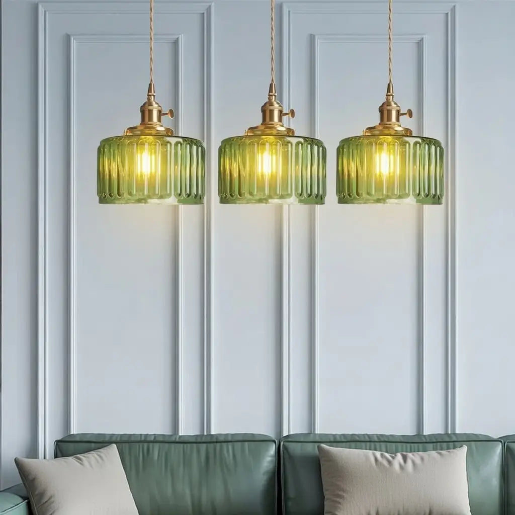 Pendant Light with Ribbed Pressed Glass and Brass Hardware