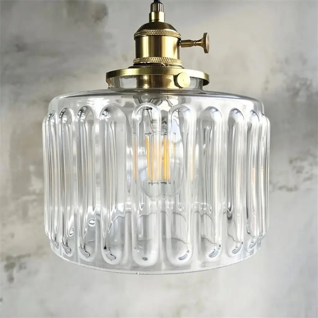 Pendant Light with Ribbed Pressed Glass and Brass Hardware