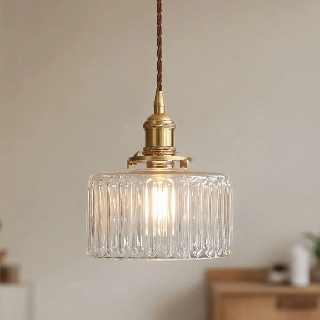 Pendant Light with Ribbed Pressed Glass and Brass Hardware