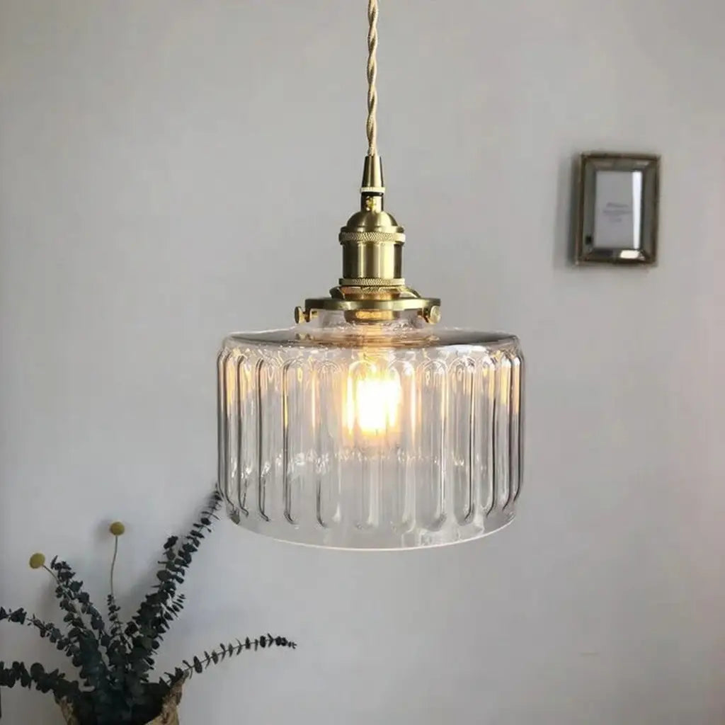 Pendant Light with Ribbed Pressed Glass and Brass Hardware