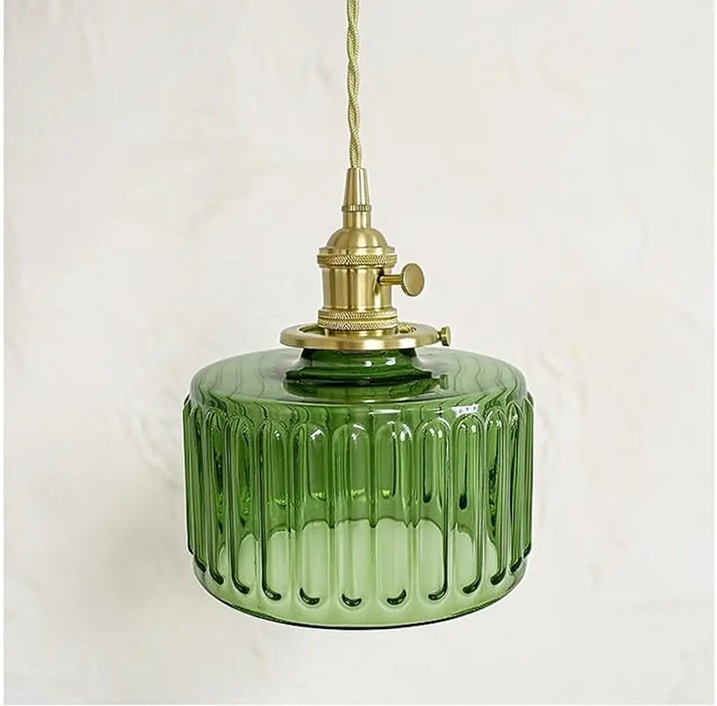 Pendant Light with Ribbed Pressed Glass and Brass Hardware