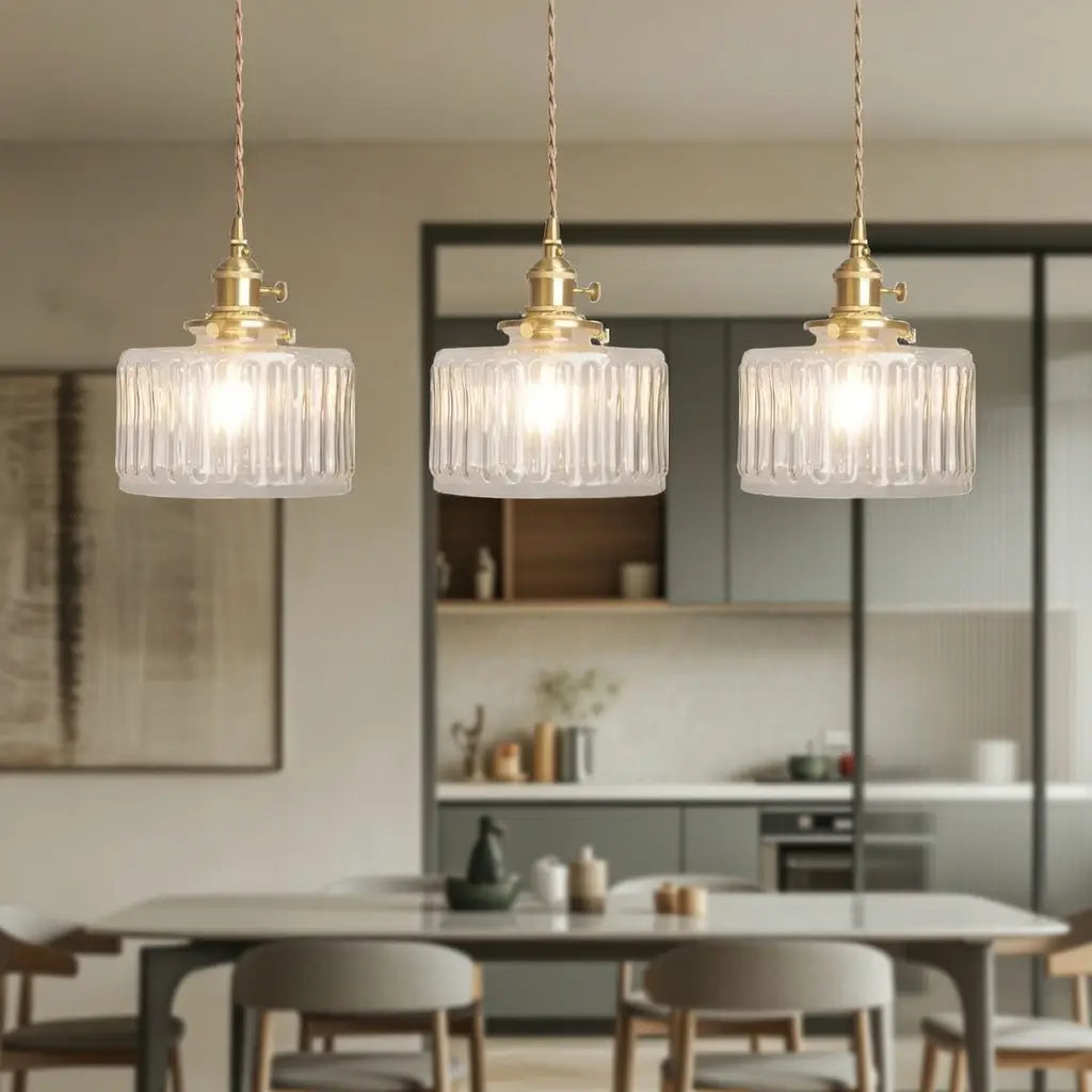 Pendant Light with Ribbed Pressed Glass and Brass Hardware