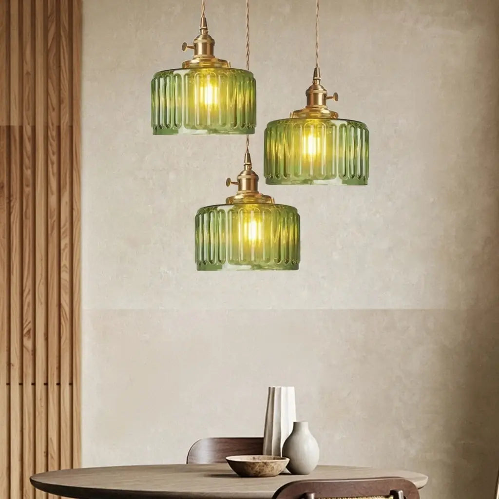 Pendant Light with Ribbed Pressed Glass and Brass Hardware