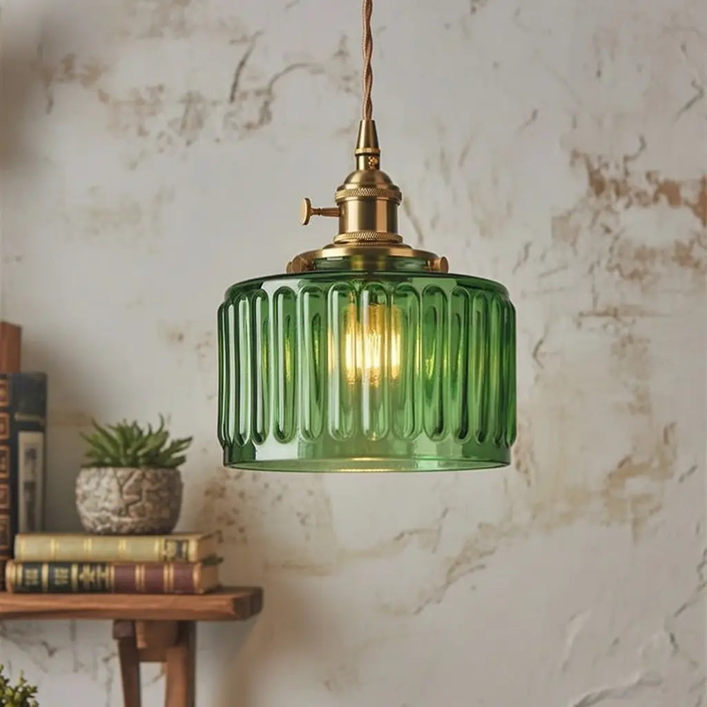 Pendant Light with Ribbed Pressed Glass and Brass Hardware