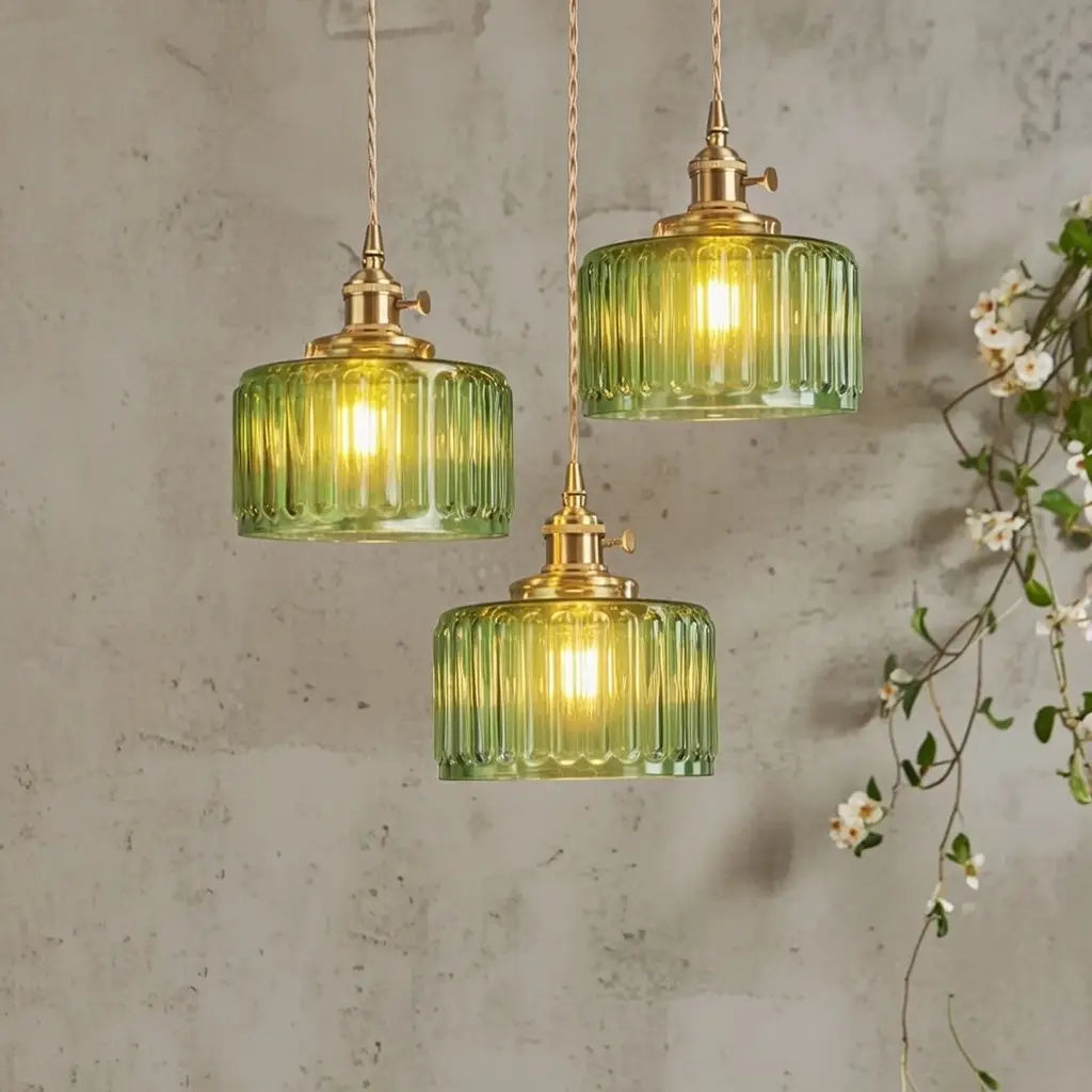 Pendant Light with Ribbed Pressed Glass and Brass Hardware