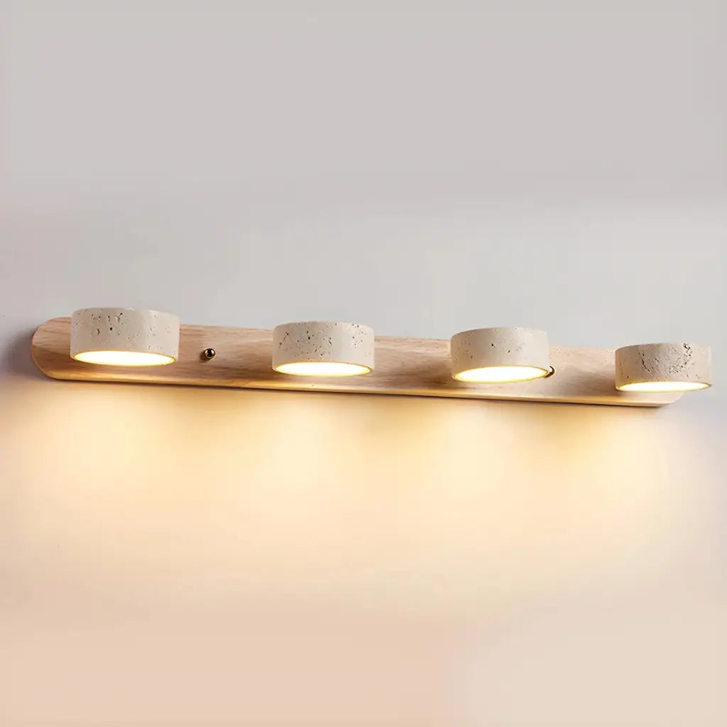LED Bathroom Vanity Light Fixtures with Adjustable Travertine Spotlights and Natural Wood Backplate