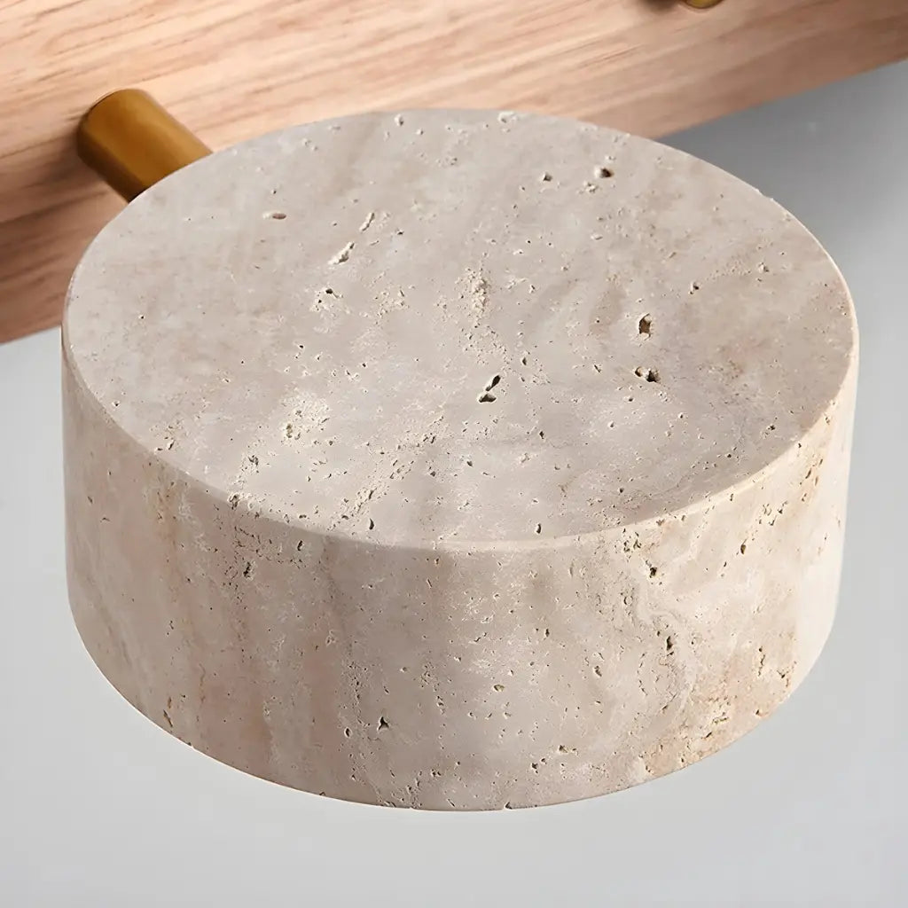 LED Bathroom Vanity Light Fixtures with Adjustable Travertine Spotlights and Natural Wood Backplate